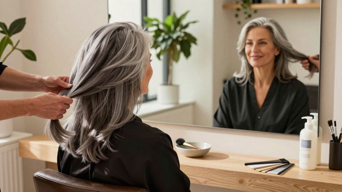 Mulher com cabelo grisalho sentado em salão, sendo penteada, olhando o reflexo no espelho.