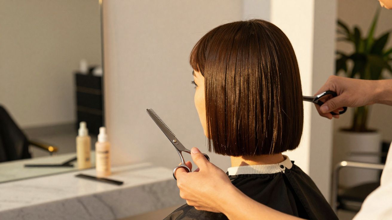 Mulher com cabelo curto castanho sendo cortado por cabeleireiro em salão iluminado.