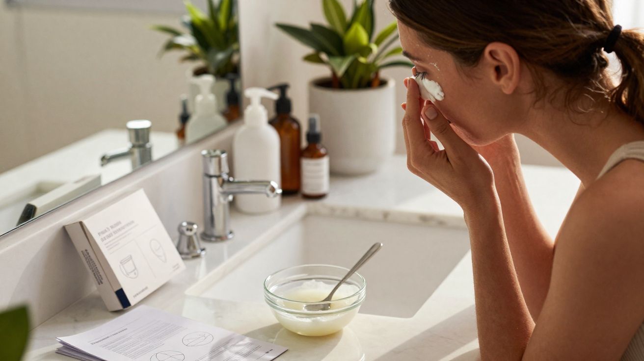 Mulher aplica creme no rosto em bancada de banheiro com plantas, frascos e espelho ao fundo.
