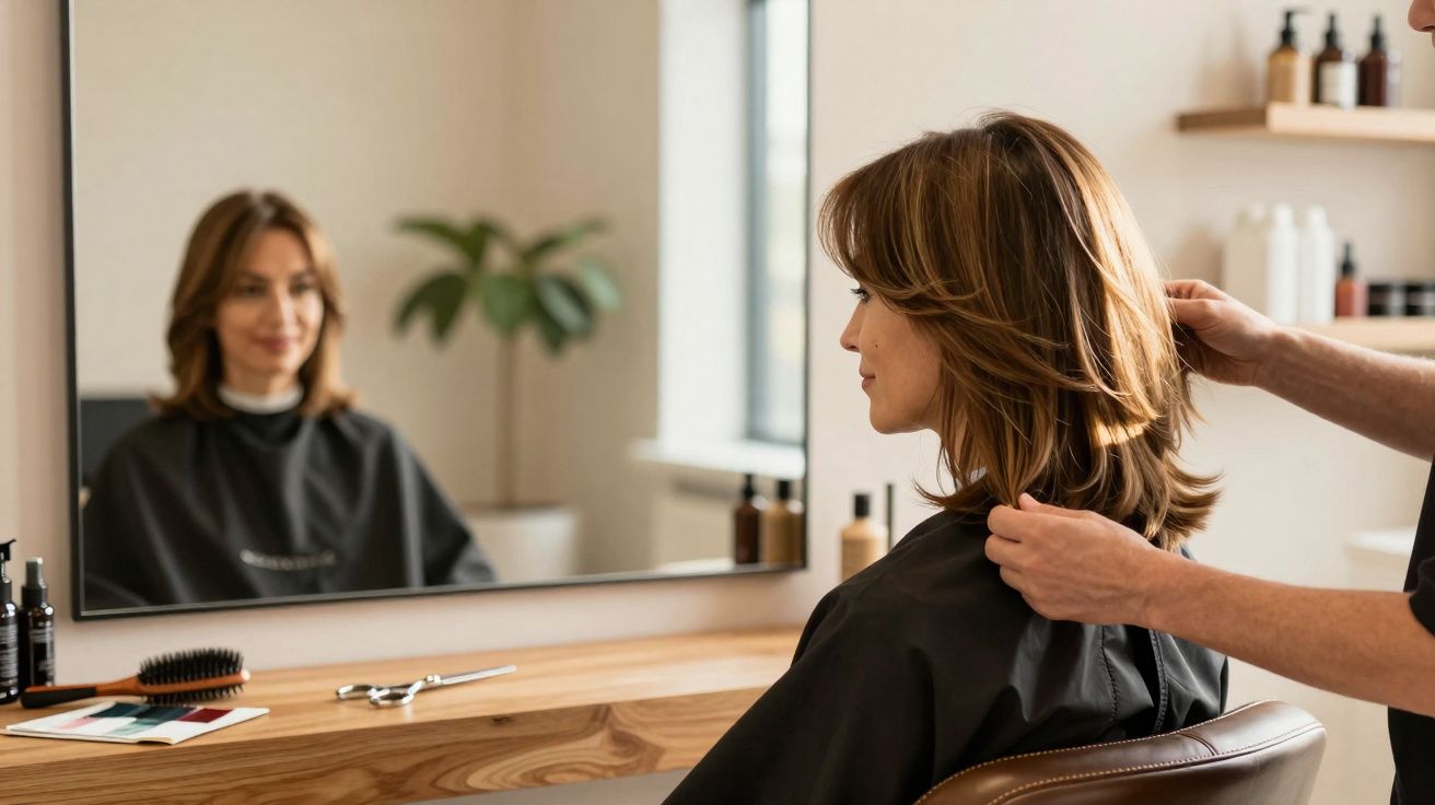 Mulher sentada em salão de beleza, visada de perfil, com cabeleireiro ajustando seu cabelo.