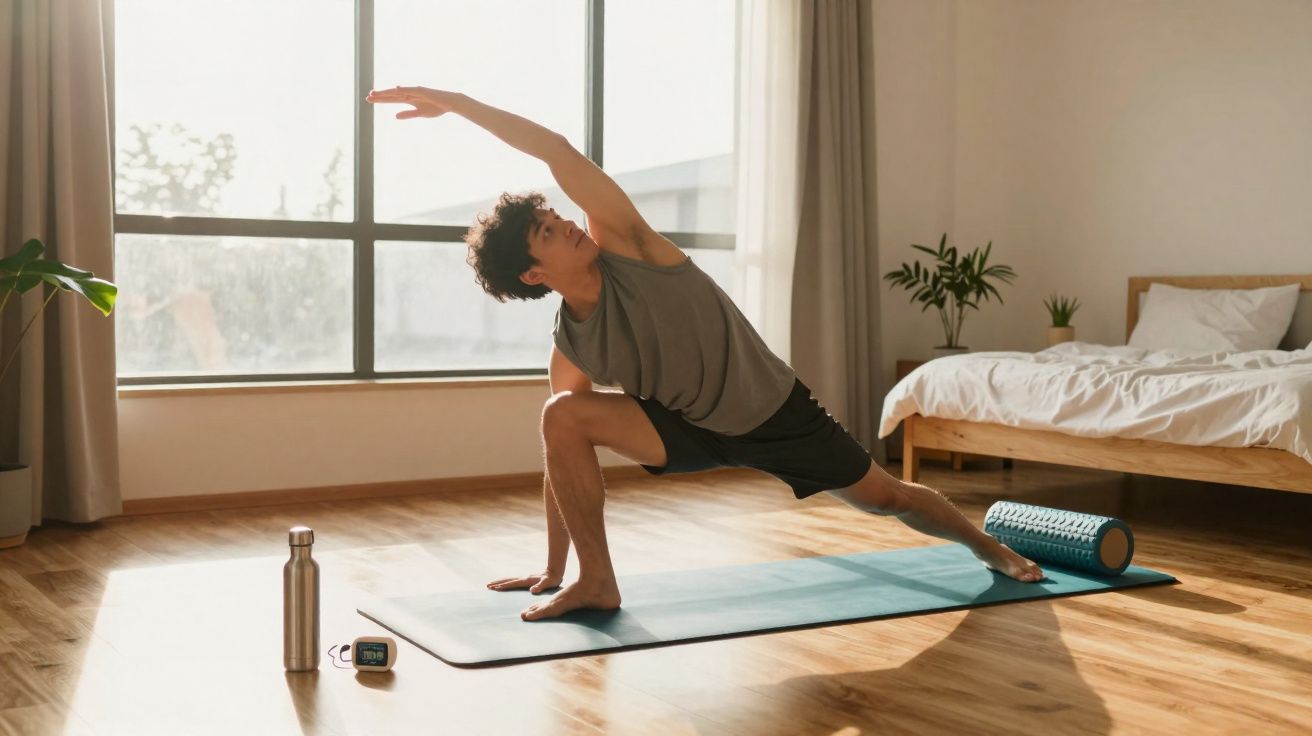 Jovem praticando yoga em tapete no quarto com janela grande, garrafa e rolo de espuma ao lado.