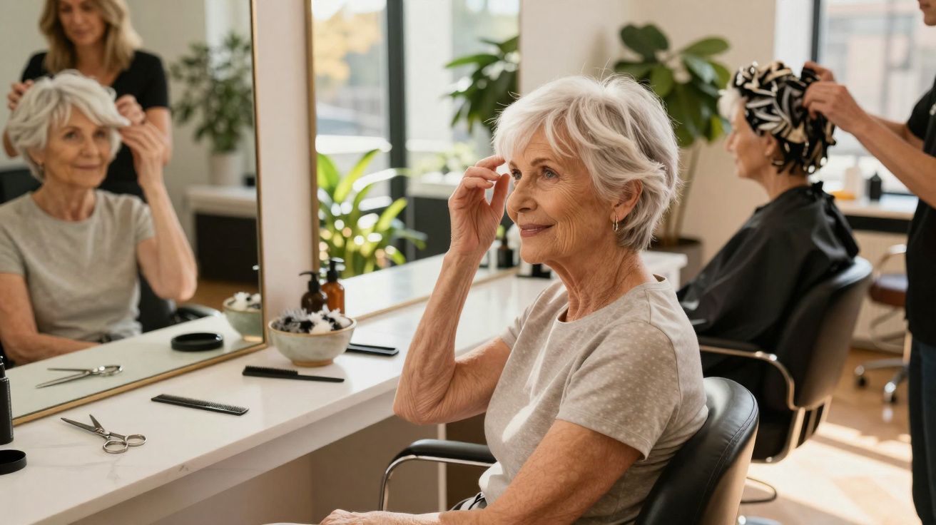 Mulher idosa olhando o cabelo no espelho enquanto está sentada em cadeira de salão de beleza.