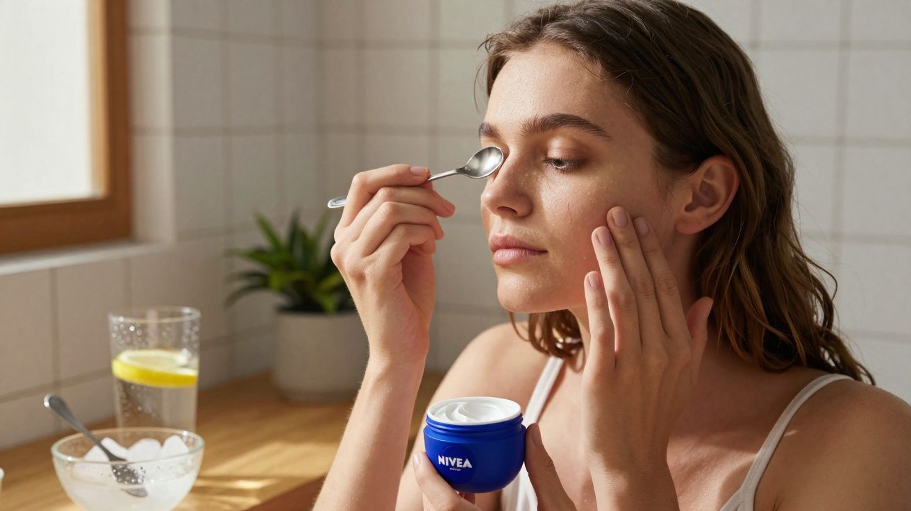 Mulher aplicando creme facial Nivea no rosto com uma colherinha na cozinha iluminada.