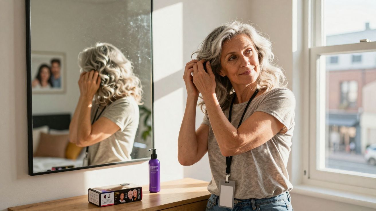 Mulher madura com cabelo grisalho arrumando o cabelo em frente ao espelho em quarto iluminado.