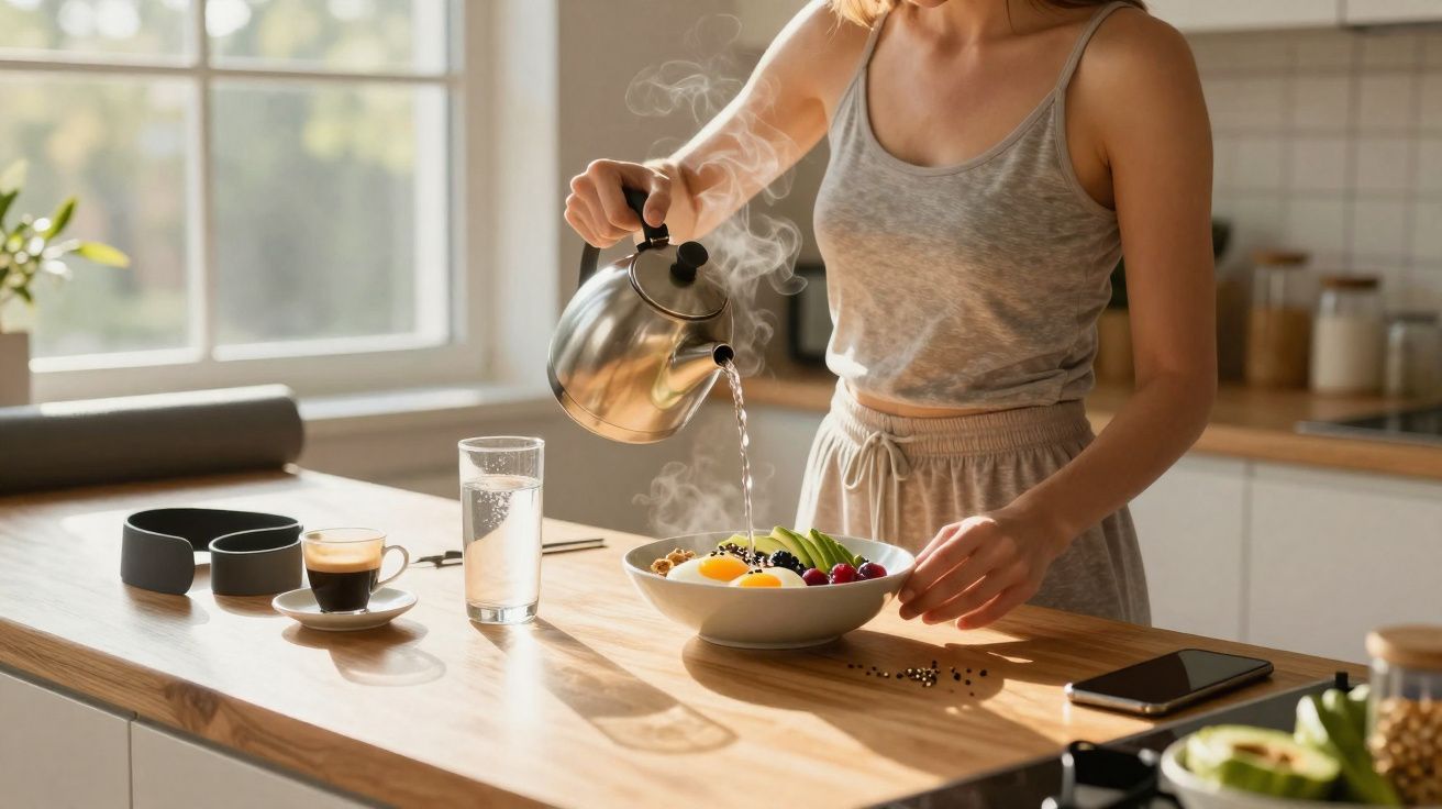 Mulher servindo chá quente em tigela de frutas frescas na cozinha iluminada pelo sol.