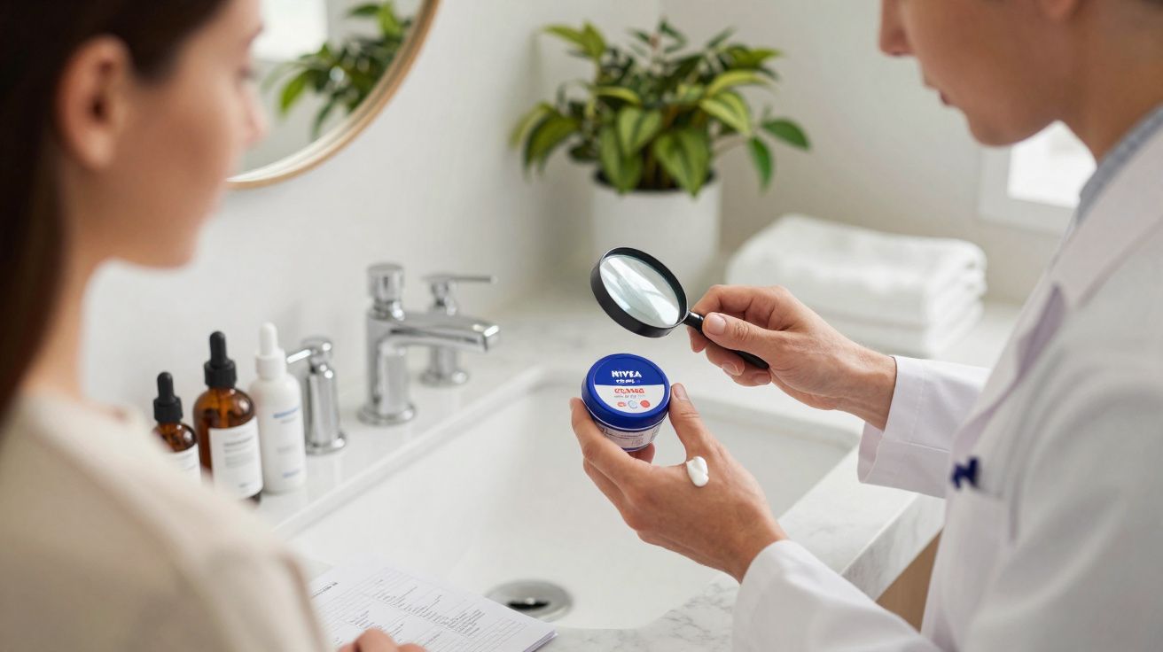 Profissional segurando lupa e analisando pote de creme Nivea em balcão de banheiro com paciente observando.