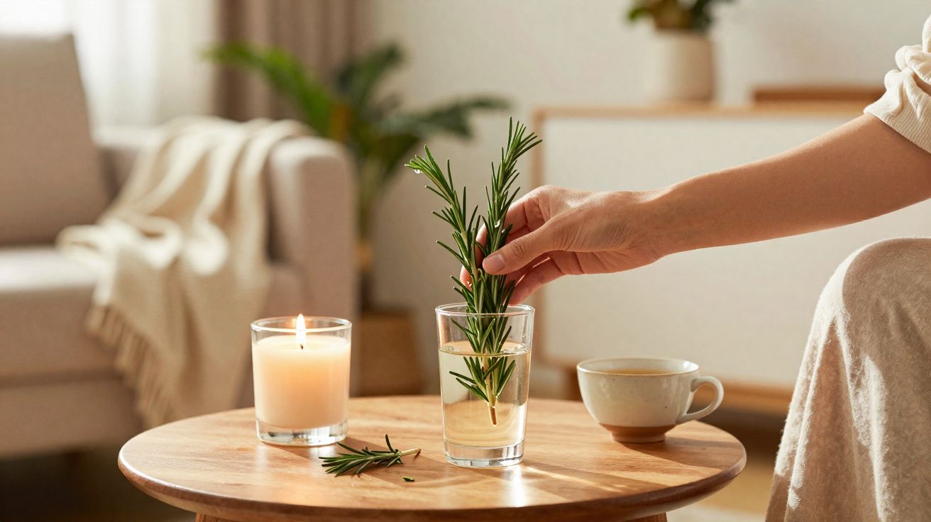 Pessoa colocando ramo de alecrim em copo com água em mesa de madeira com vela e xícara ao lado.