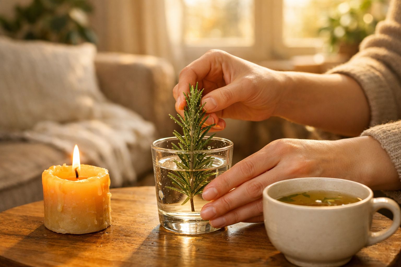 Mãos colocando ramo de alecrim em copo com água, vela acesa e xícara de chá sobre mesa de madeira.