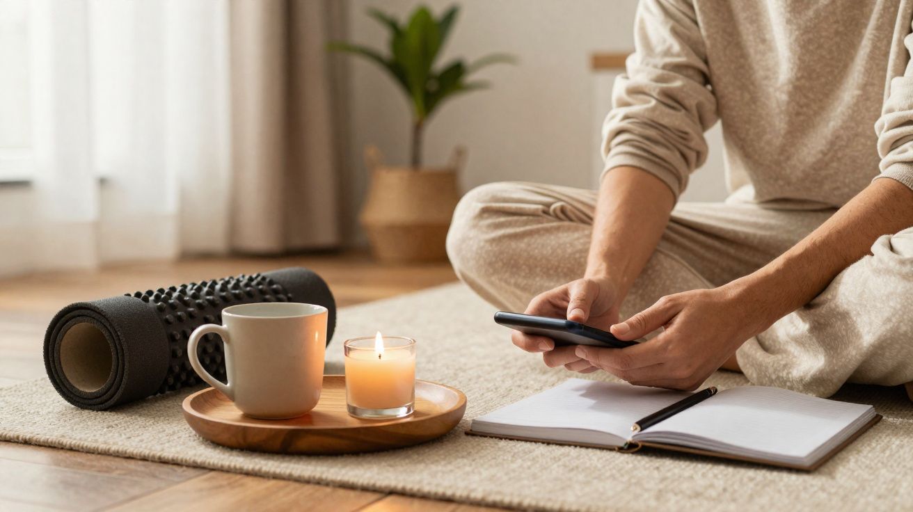 Pessoa sentada no chão com celular, caderno aberto, caneta, vela acesa, caneca e rolo de massagem ao lado.