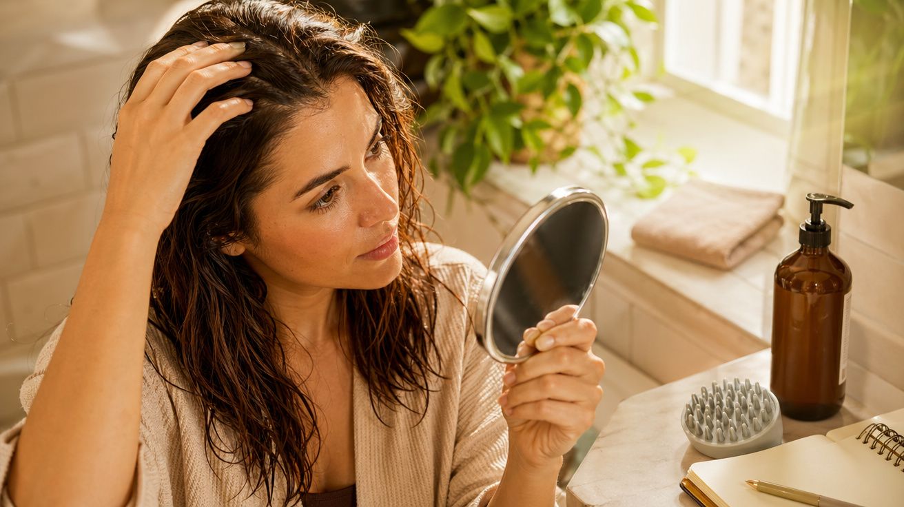 Mulher olhando o cabelo molhado no espelho de mão em banheiro iluminado, com planta ao fundo.