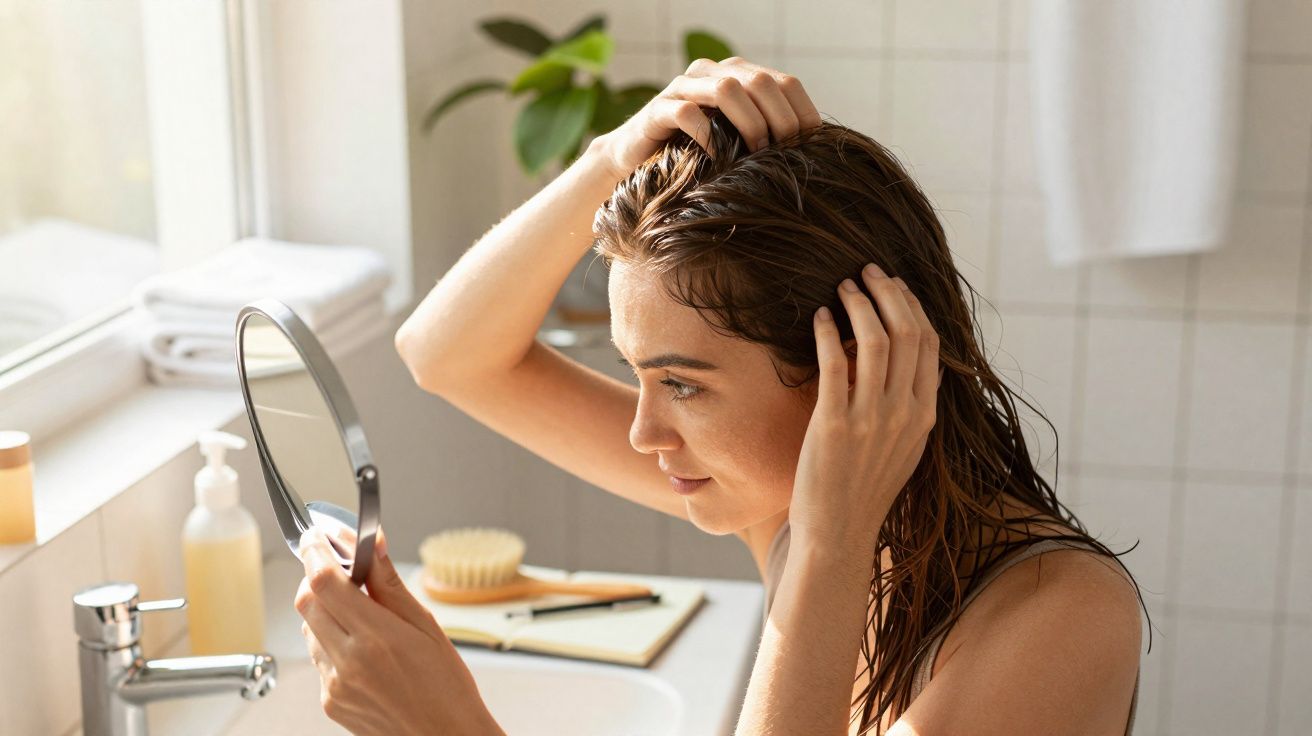 Mulher com cabelo molhado se olhando no espelho de mão em banheiro iluminado.