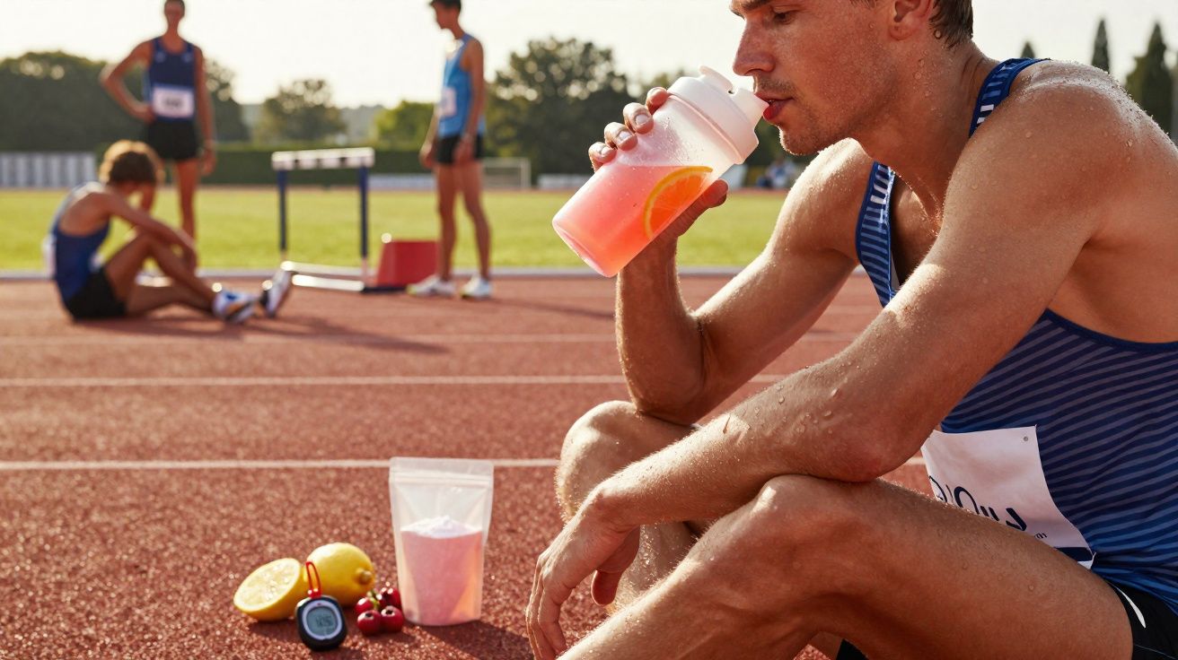 Atleta sentado na pista de corrida bebendo bebida energética após treino, com frutas e suplemento ao lado.