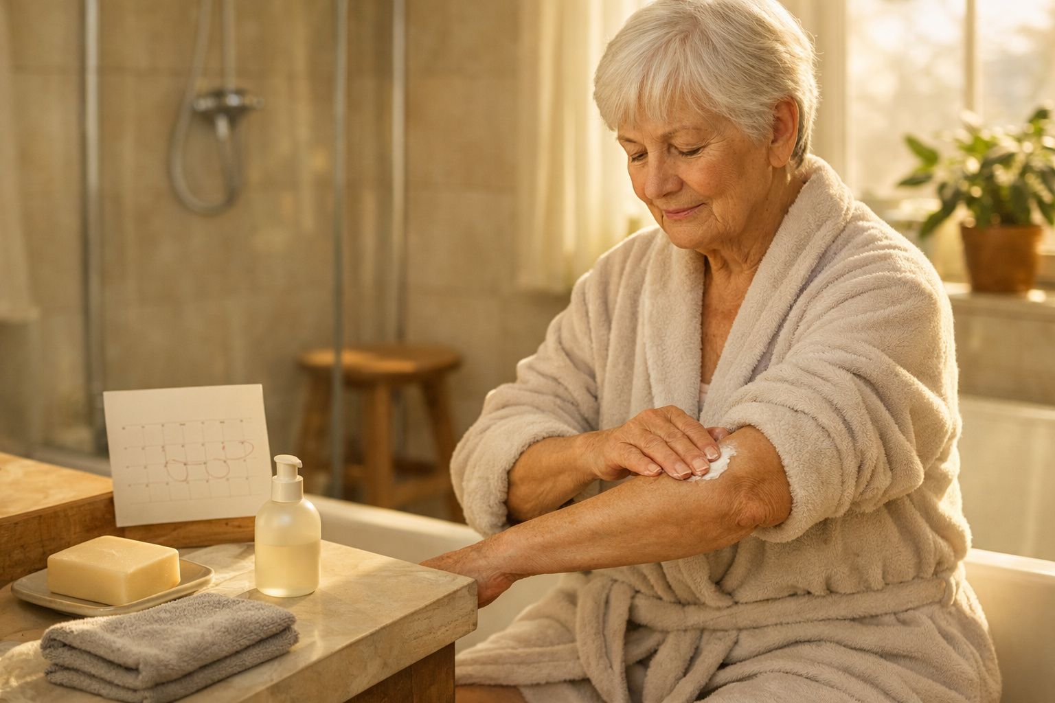 Mulher idosa em roupão aplica creme hidratante no braço em banheiro iluminado pela luz do sol.