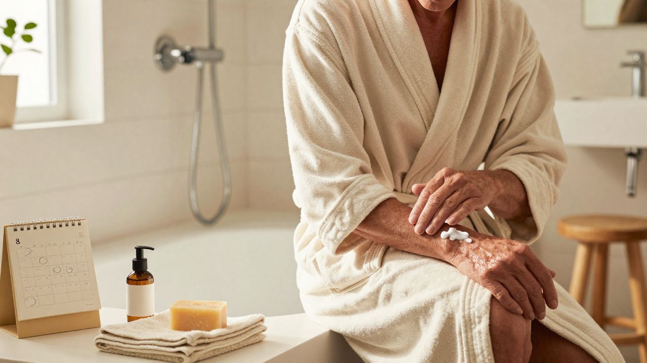 Pessoa idosa em roupão aplicando creme nas mãos sentada em bancada de banheiro.