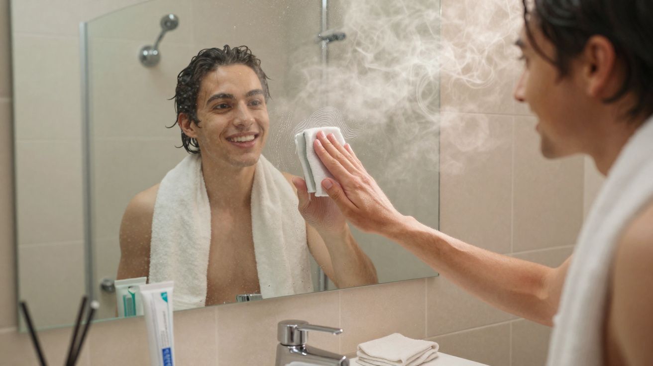 Homem sorridente com toalha no pescoço limpando espelho em banheiro com vapor.