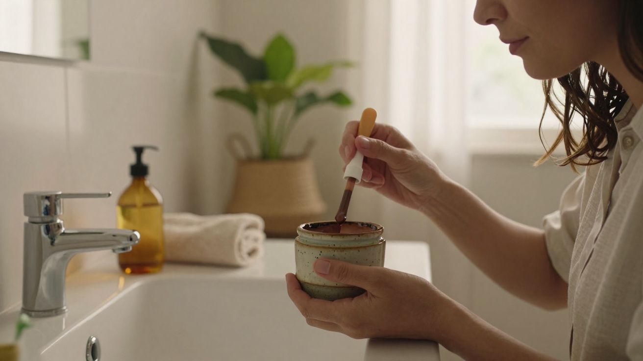 Pessoa aplicando máscara facial marrom com pincel no banheiro iluminado, com planta e toalha ao fundo.