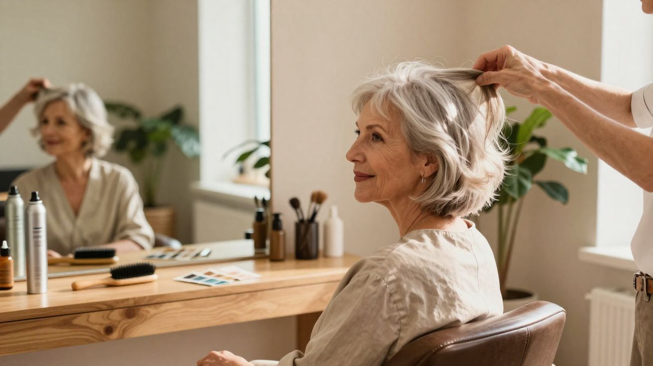Mulher idosa feliz recebendo penteado em salão de beleza com espelho e produtos ao fundo.