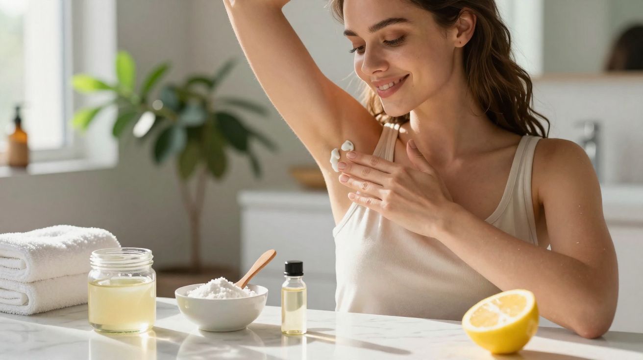 Mulher aplicando desodorante natural caseiro em casa com ingredientes sobre a mesa.