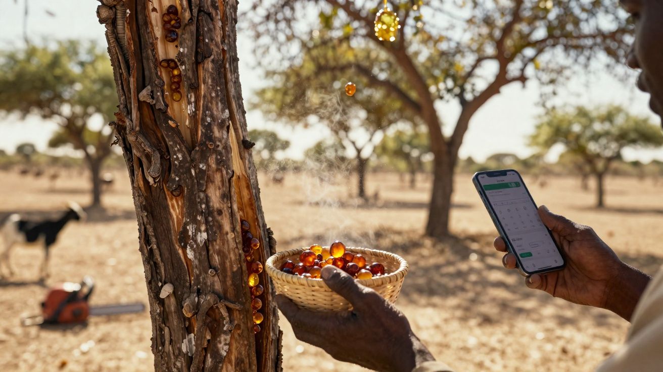 Pessoa colhendo copais de árvore seca com celular na mão em ambiente rural com boi ao fundo.