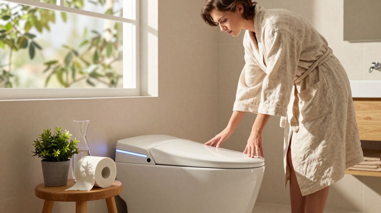 Mulher de roupão abre tampa de vaso sanitário moderno em banheiro bem iluminado.