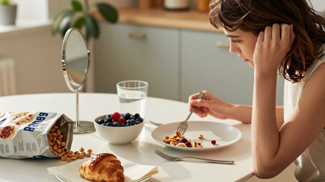 Mulher sentada à mesa com prato de cereal, croissant, frutas vermelhas e um copo d'água.
