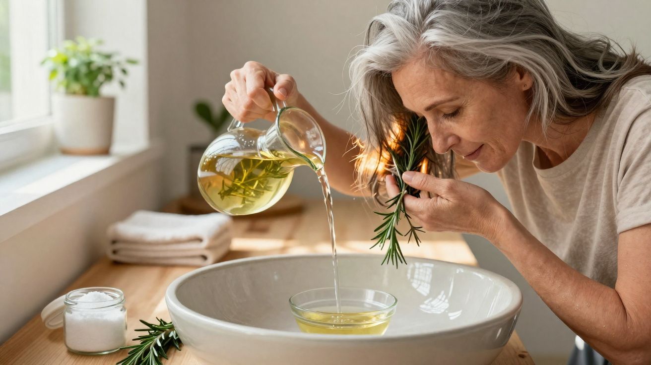 Mulher derramando óleo em vasilha branca enquanto cheira ramo de alecrim em cozinha iluminada natural.