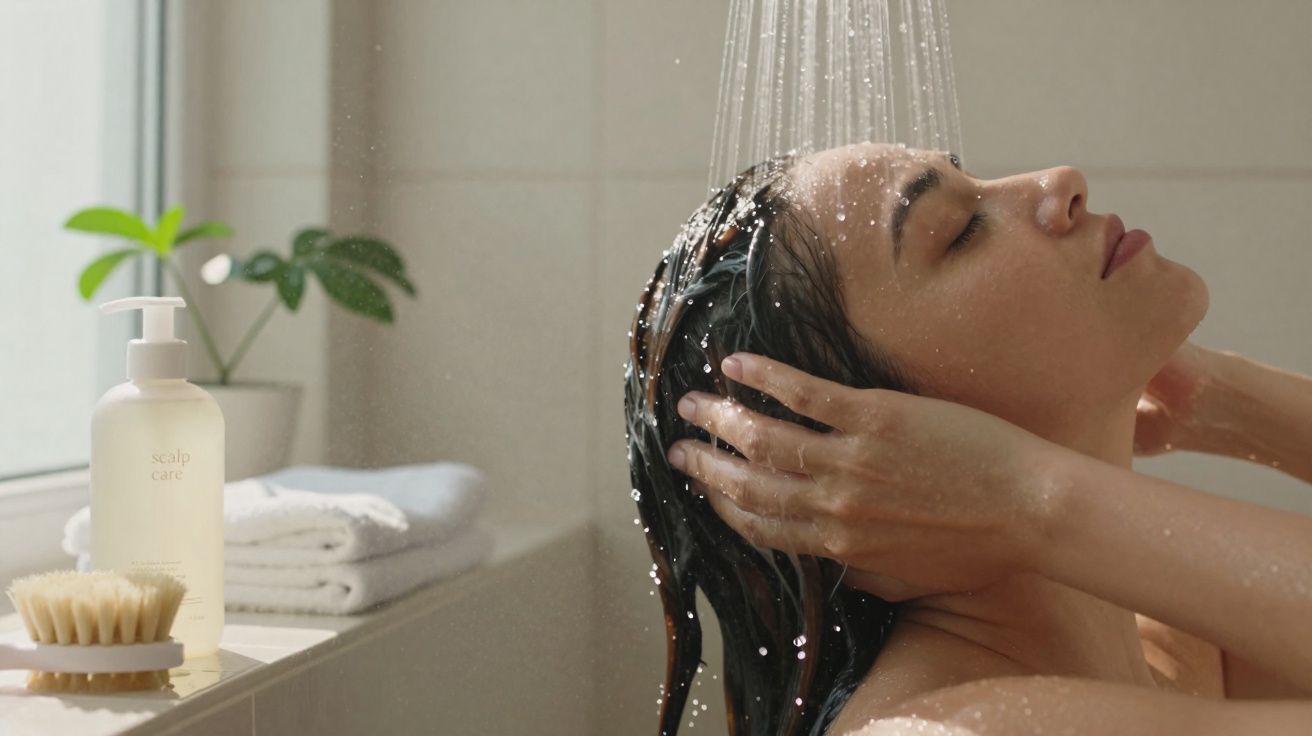 Mulher relaxando sob o chuveiro com água caindo sobre o cabelo molhado.