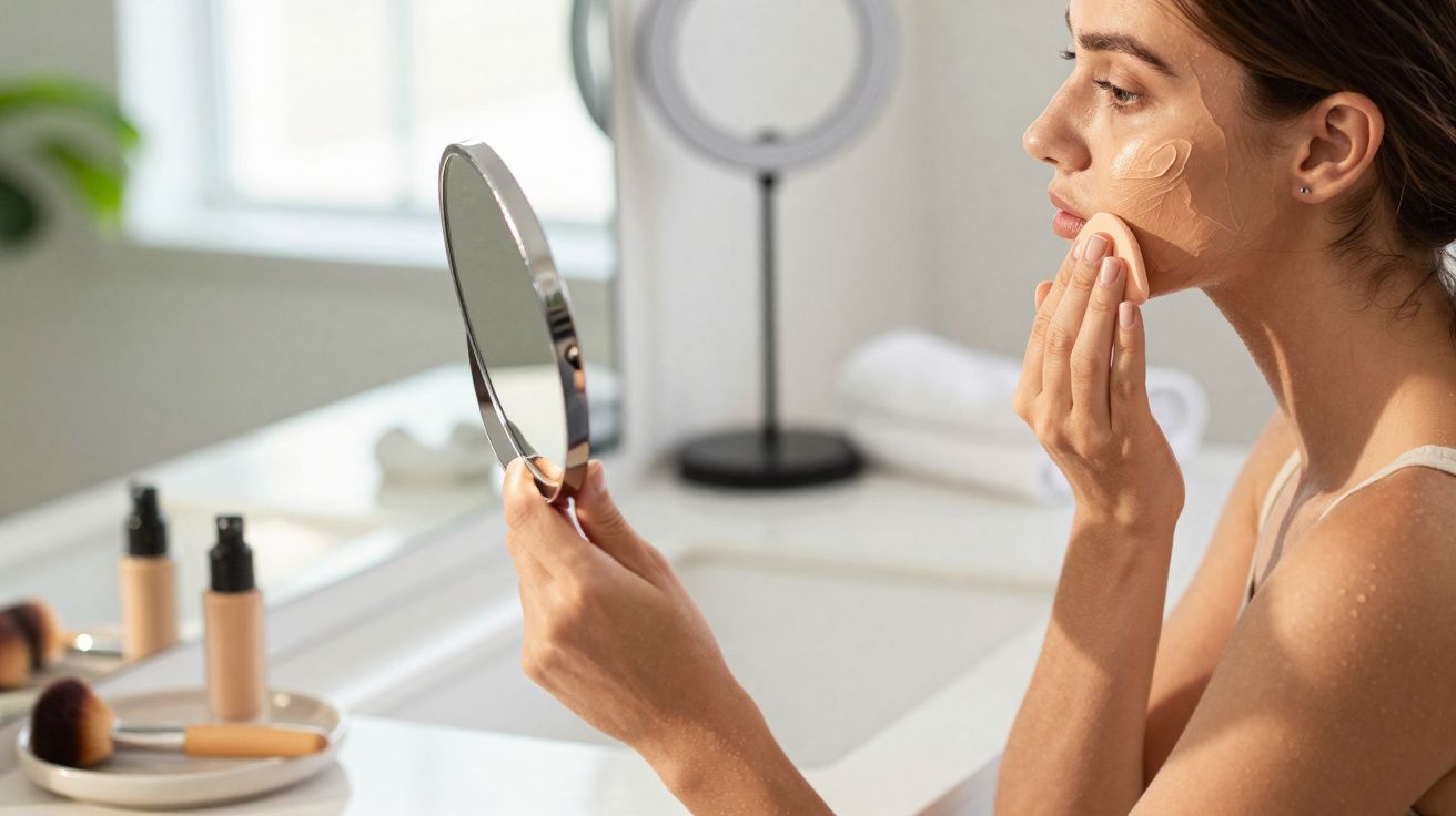 Mulher aplicando base no rosto perante espelho de mão no banheiro, com produtos de maquiagem ao fundo.