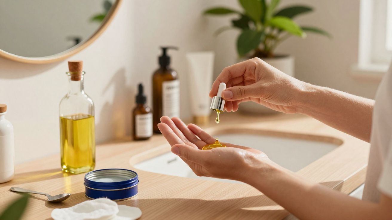 Pessoa aplicando óleo facial com conta-gotas em banheiro com produtos de beleza ao fundo.
