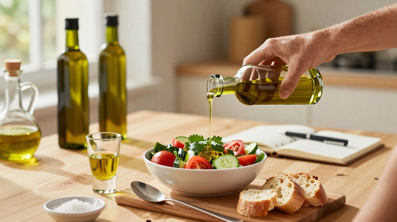 Mão derramando azeite sobre salada com tomate, pepino, e pão em mesa de madeira na cozinha.