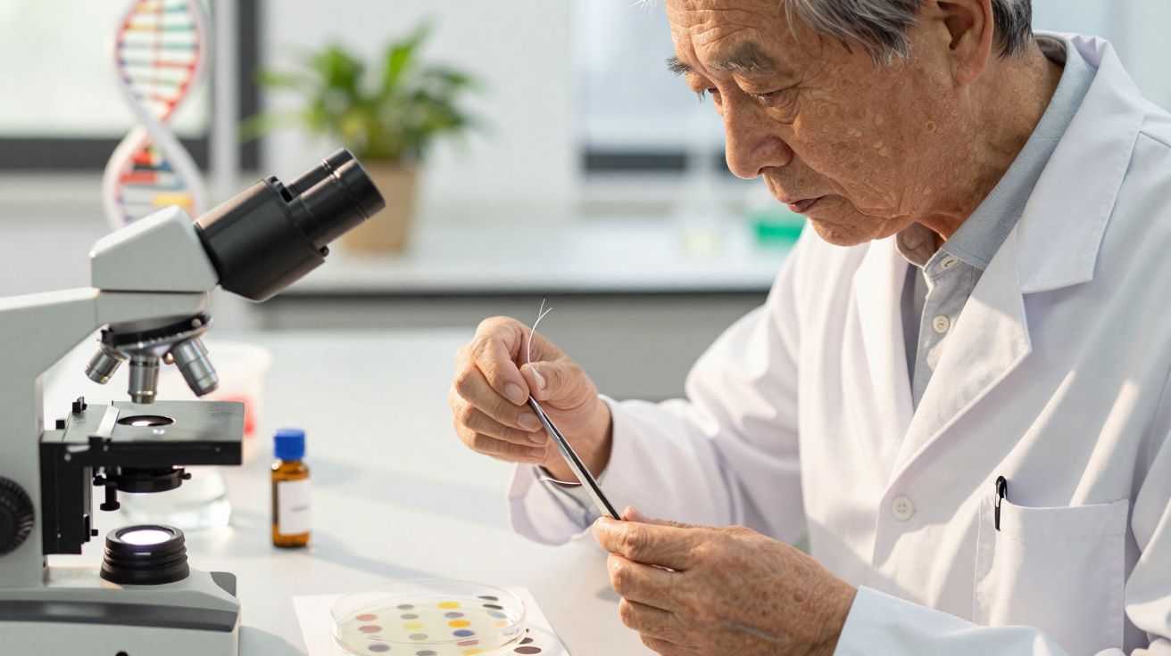 Cientista idoso em jaleco branco analisando amostra com pinça em laboratório com microscópio.
