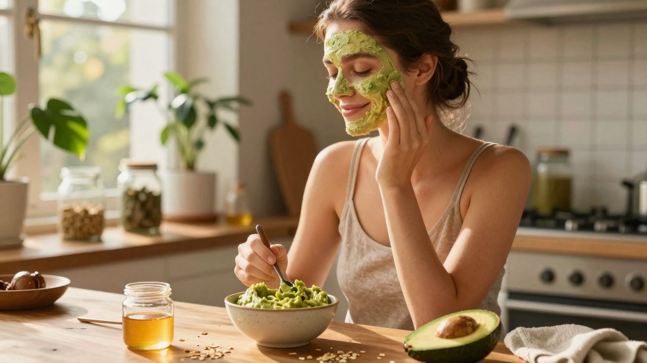 Mulher aplica máscara facial verde feita com abacate enquanto está numa cozinha iluminada.
