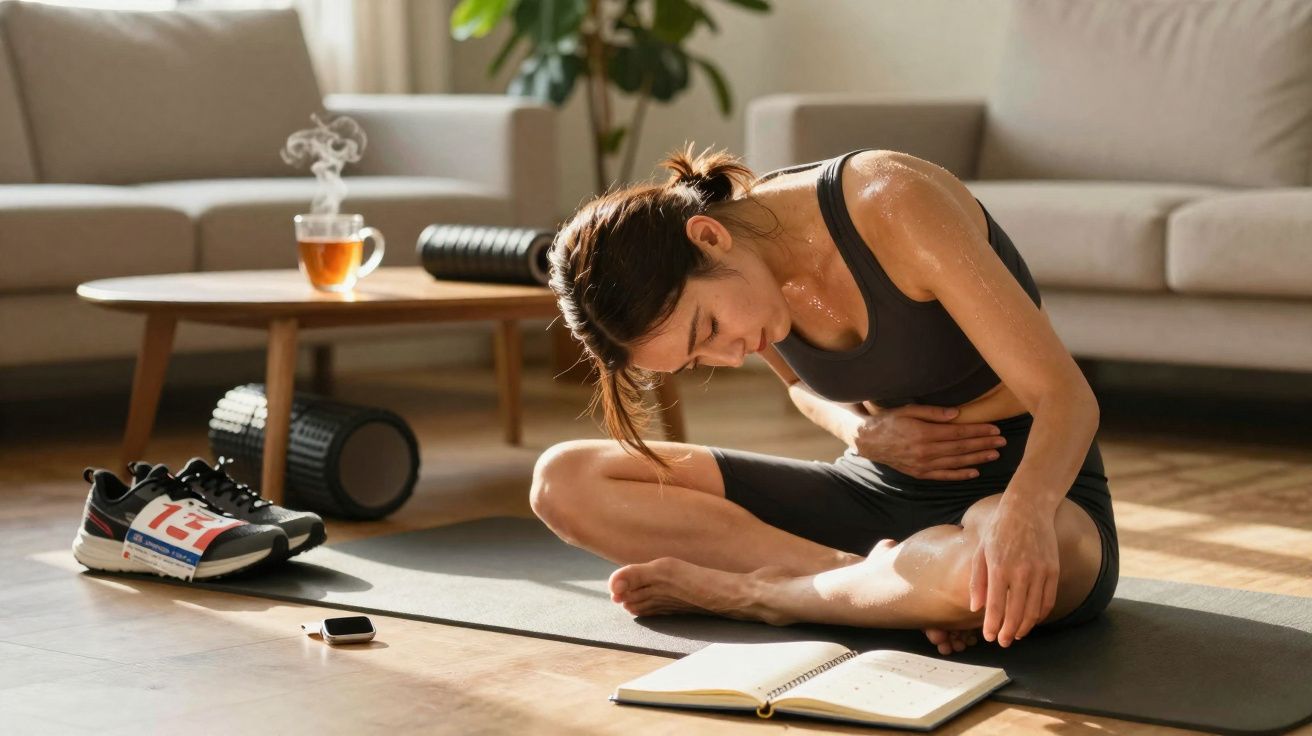 Mulher exercitando em tapete, com tênis, livro aberto e chá fumegante sobre mesa ao fundo.