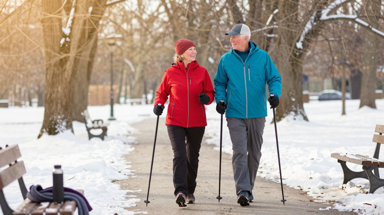 Casal idoso caminhando com bastões em parque nevado, vestindo roupas de inverno coloridas.