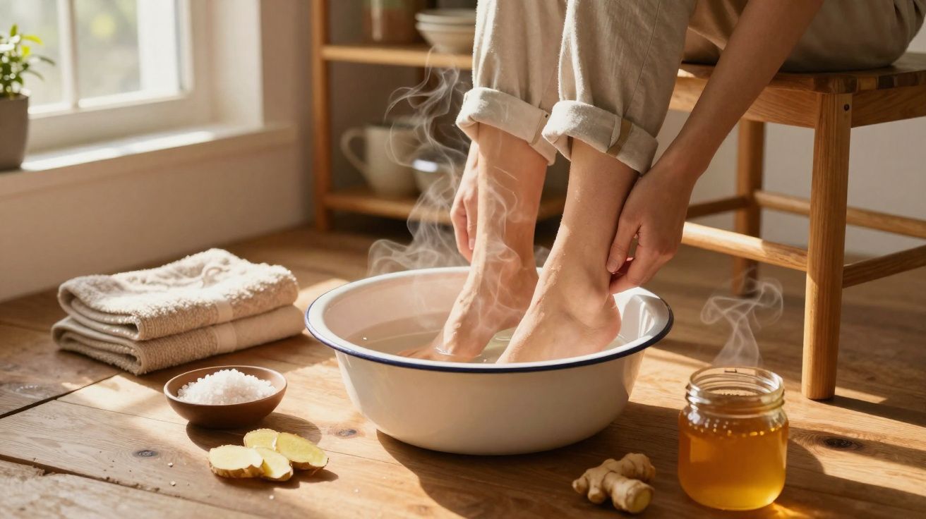 Pessoa com os pés em uma bacia com água quente, ao lado de gengibre, mel, sal e toalhas.