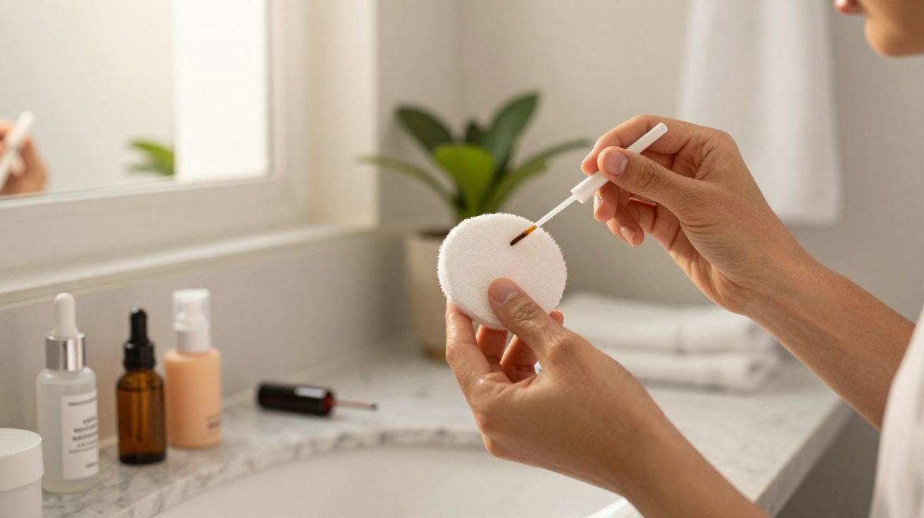 Pessoa segurando disco de algodão e aplicando sérum no banheiro com produtos de cuidados pessoais.