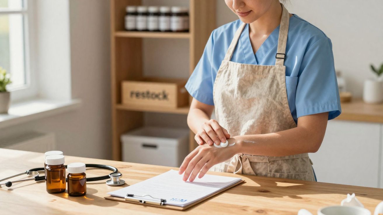 Profissional de saúde aplicando creme nas mãos em ambiente clínico com frascos e estetoscópio sobre a mesa.