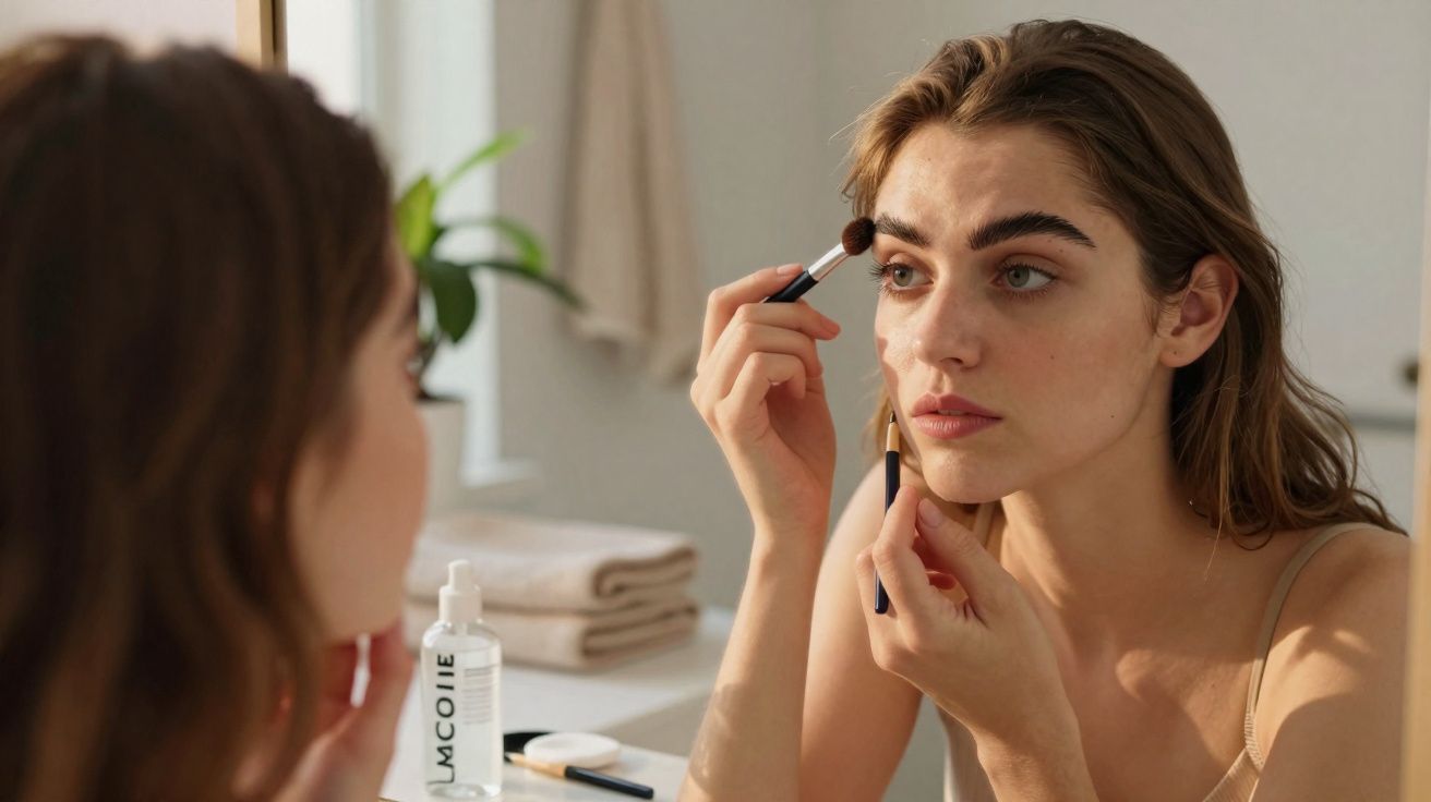 Mulher aplicando maquiagem no rosto enquanto se olha no espelho em ambiente iluminado.