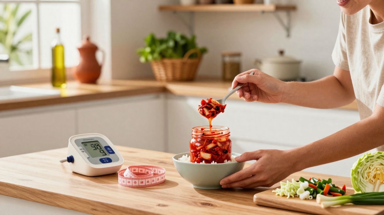 Pessoa servindo comida saudável com kimchi, monitor de pressão e fita métrica em cozinha moderna.