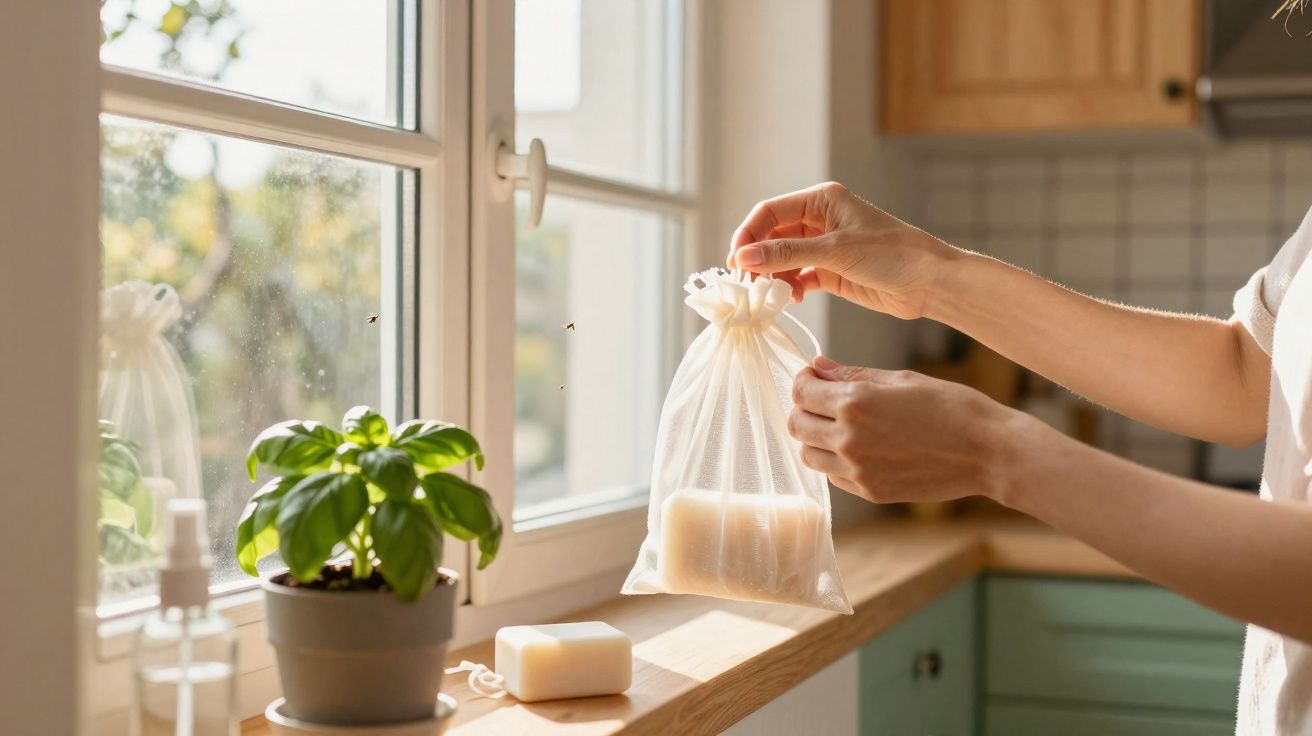 Mãos seguram sachê reutilizável com sabão em pó ao lado de planta e sabonete em janela ensolarada.