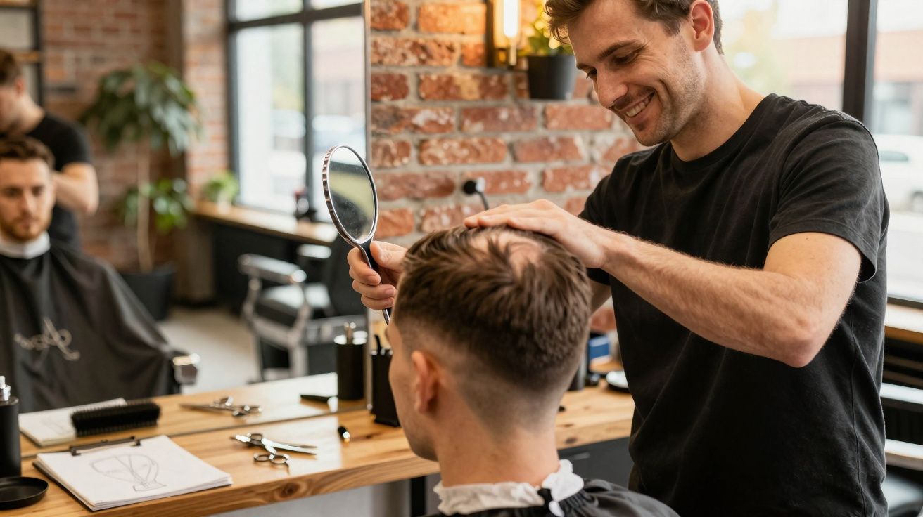 Cabeleireiro segurando espelho e mostrando corte para cliente em barbearia moderna com parede de tijolos.