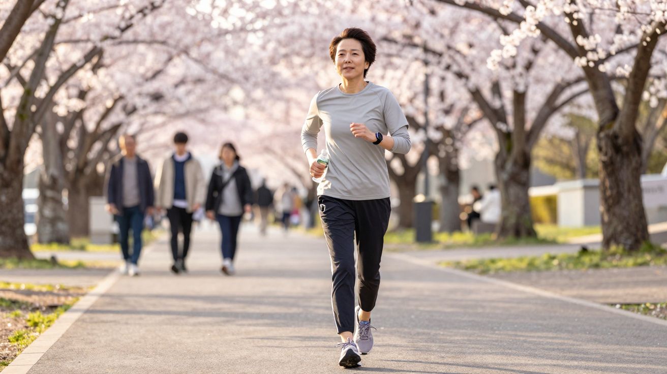 Mulher correndo em parque com árvores floridas de cerejeira e pessoas caminhando ao fundo.