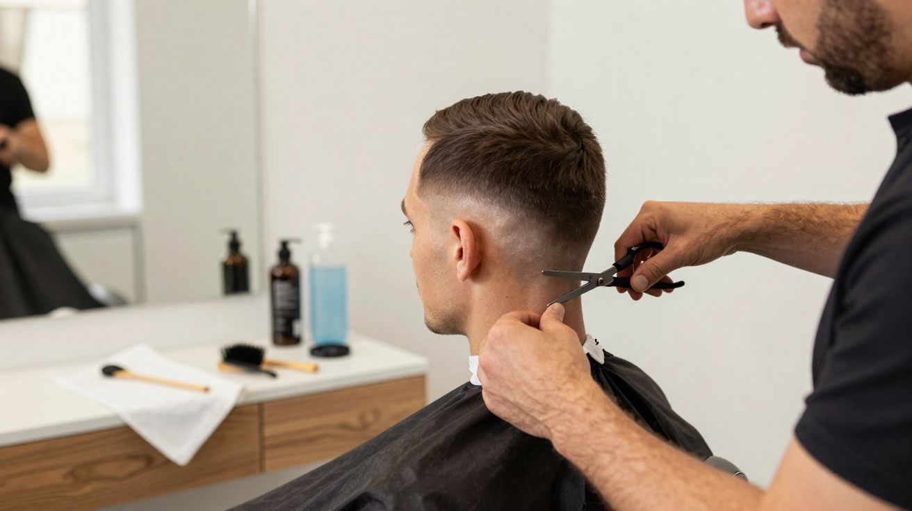 Homem fazendo corte de cabelo em salão, com barbeiro usando tesoura próximo à nuca do cliente.