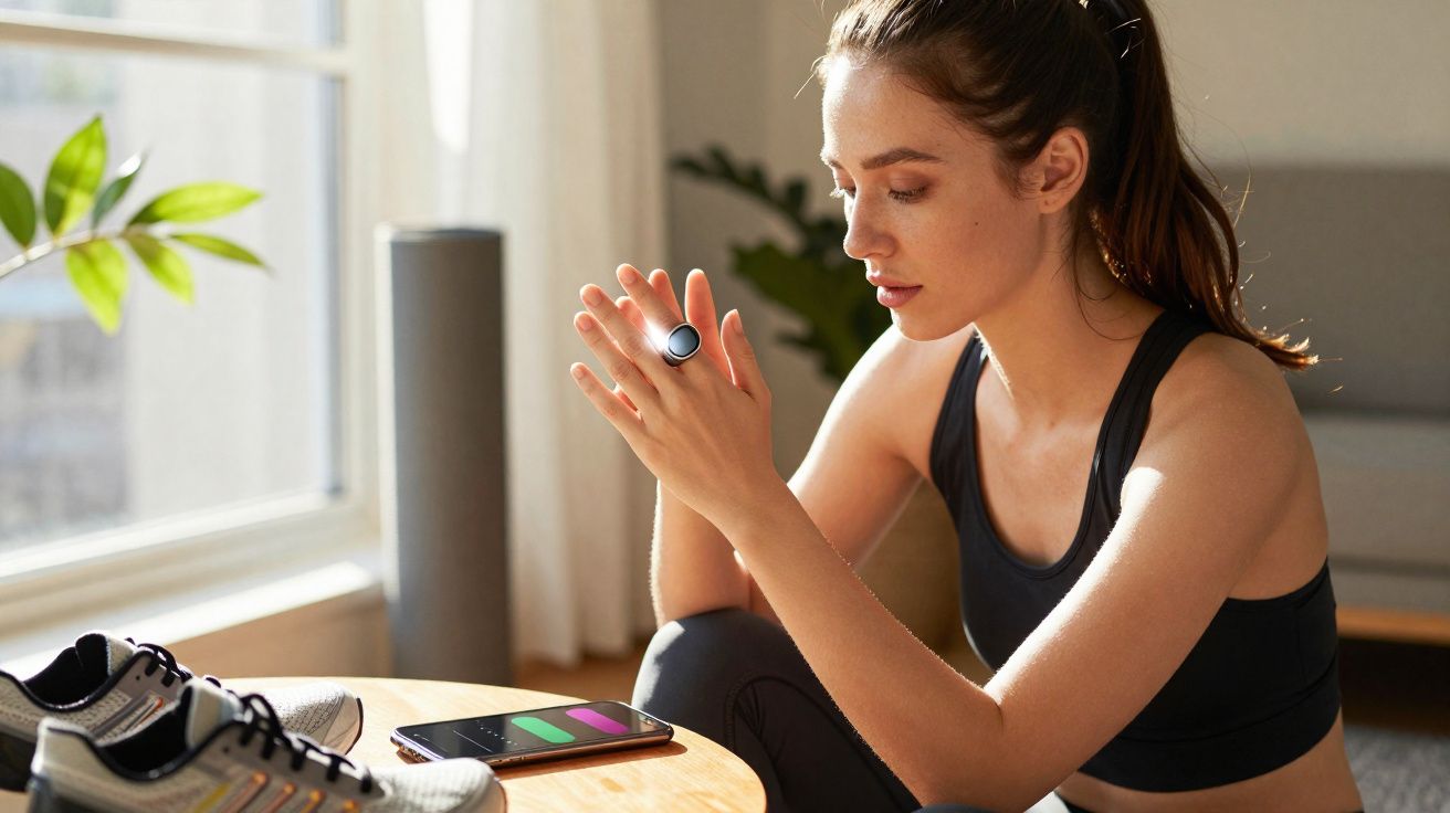 Mulher em roupa de ginástica sentada, usando anel inteligente e smartphone em mesa com tênis próximo.