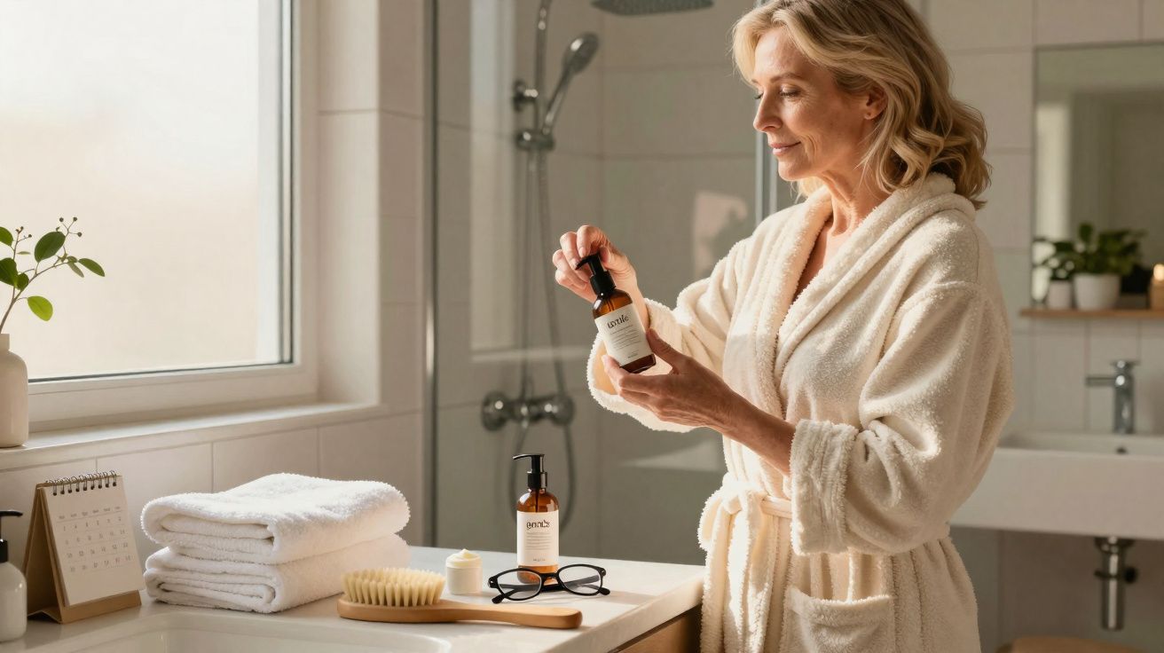 Mulher em roupão bege segurando frasco de cosmético em banheiro iluminado com produtos sobre bancada.