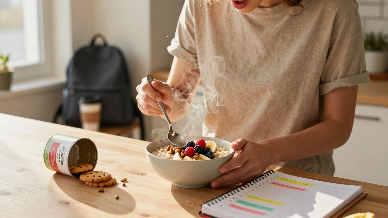 Pessoa com camiseta bege segura tigela de mingau com frutas, ao lado de biscoitos e caderno em mesa de madeira.