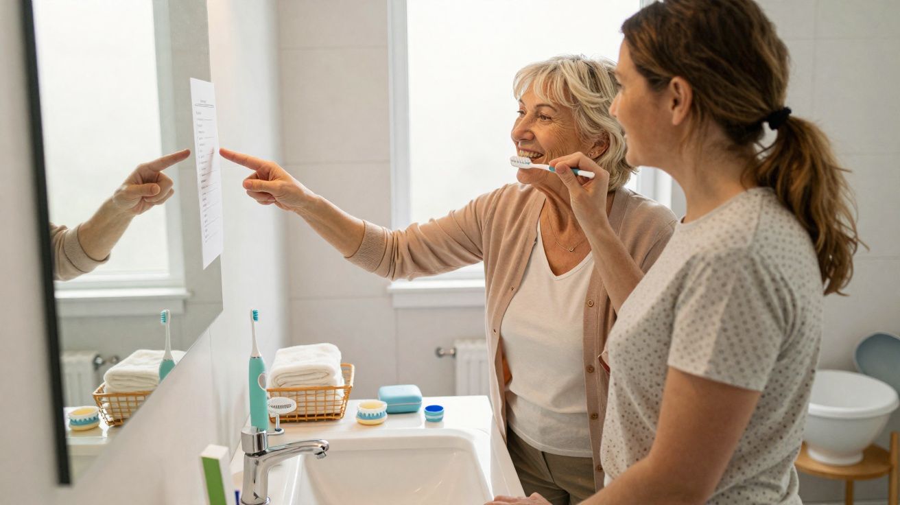 Duas mulheres no banheiro, uma mais velha segura escova de dentes e aponta para uma lista no espelho.