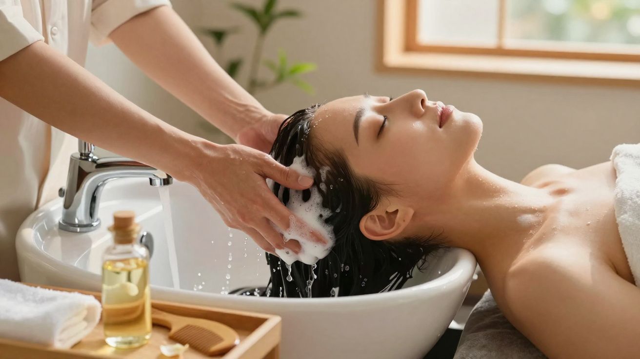Mulher relaxando enquanto tem o cabelo lavado com espuma em salão de beleza iluminado.