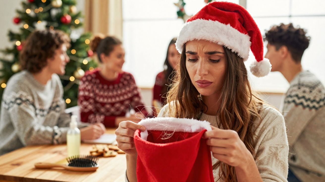 Mulher com expressão triste usando gorro de Natal, olhando dentro de meia vermelha, com grupo reunido ao fundo.