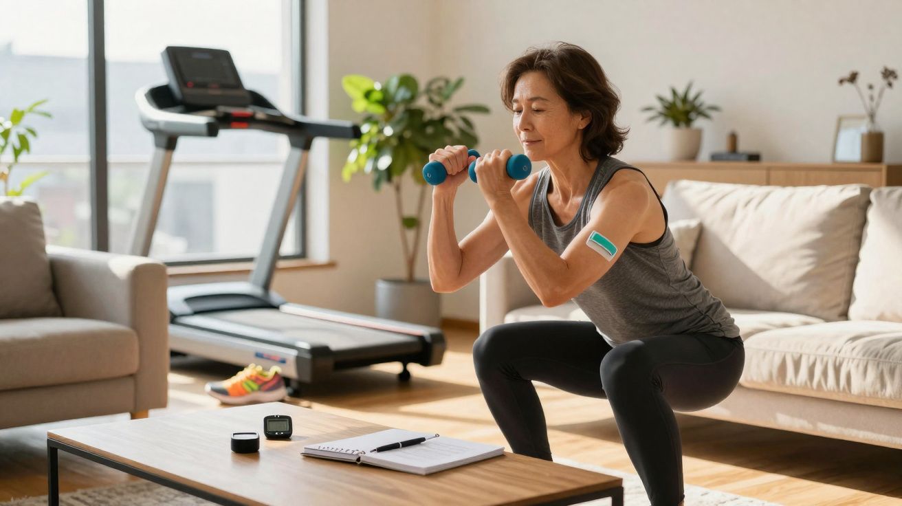 Mulher fazendo agachamento segurando pesos em ambiente claro de sala com esteira e sofá ao fundo.